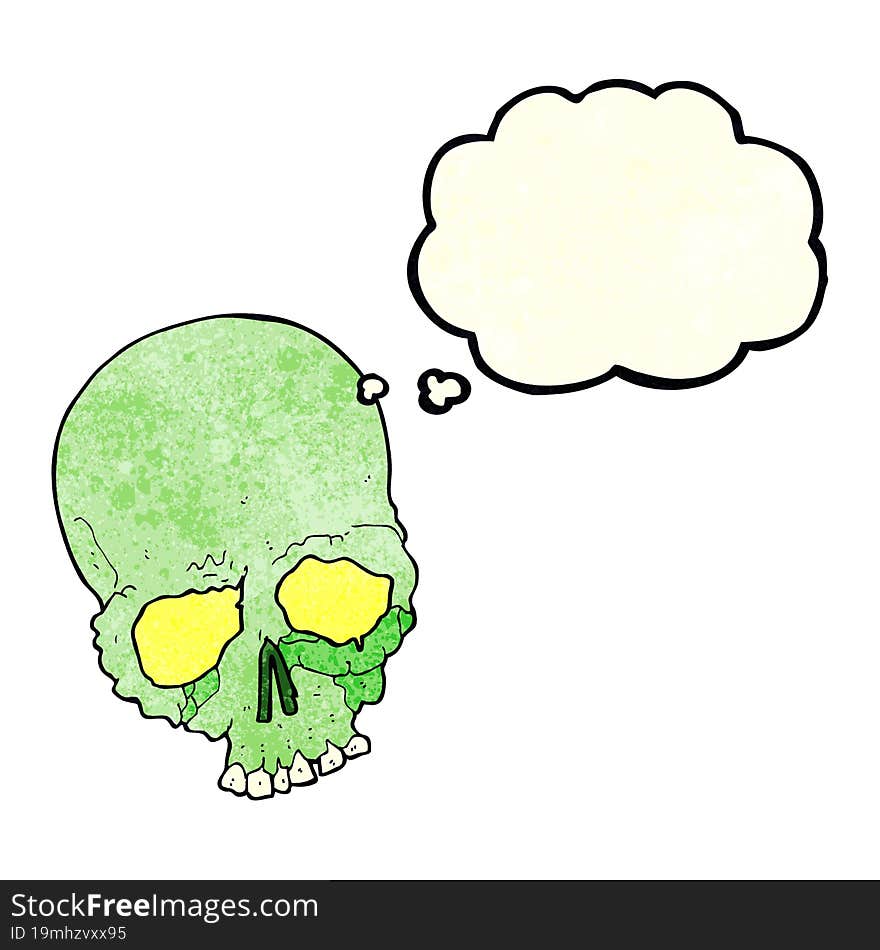 cartoon spooky old skull with thought bubble