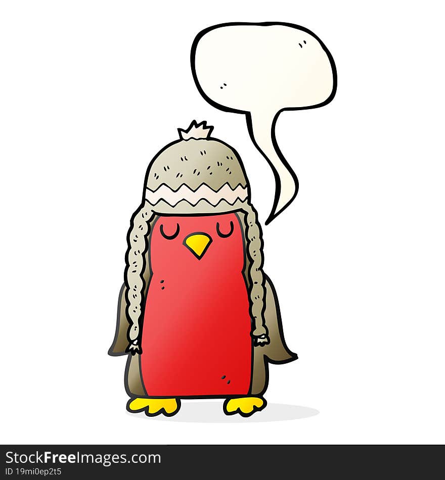 Speech Bubble Cartoon Robin Wearing Winter Hat