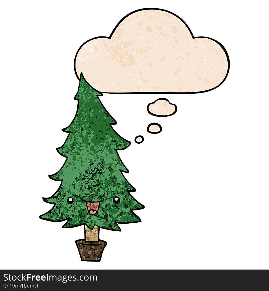 Cute Cartoon Christmas Tree And Thought Bubble In Grunge Texture Pattern Style