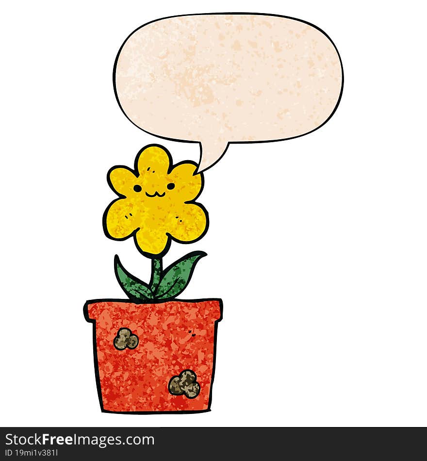 Cartoon House Plant And Speech Bubble In Retro Texture Style