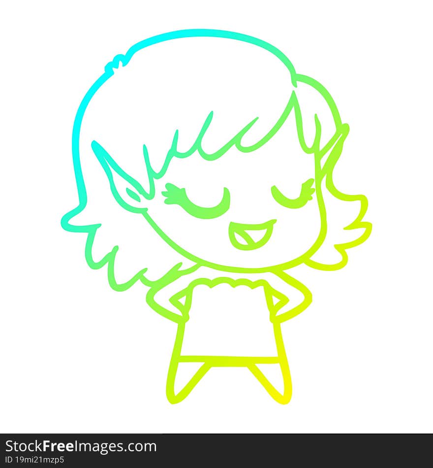 cold gradient line drawing happy cartoon elf girl