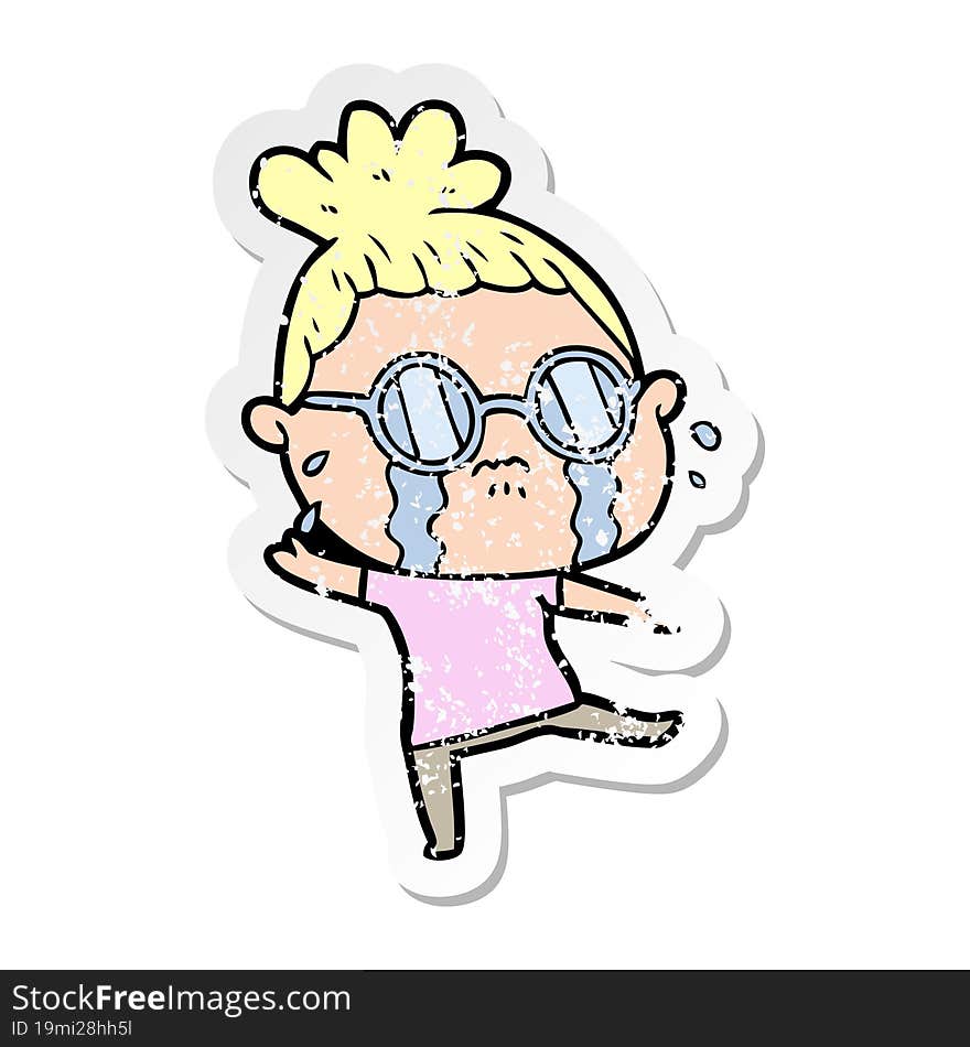 distressed sticker of a cartoon crying woman wearing spectacles