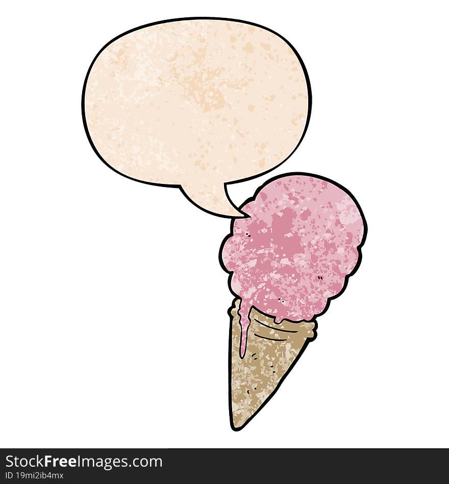 Cartoon Ice Cream And Speech Bubble In Retro Texture Style