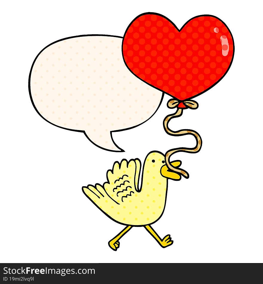 cartoon bird with heart balloon with speech bubble in comic book style. cartoon bird with heart balloon with speech bubble in comic book style