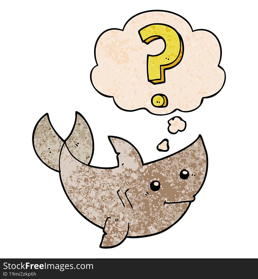 cartoon shark asking question and thought bubble in grunge texture pattern style