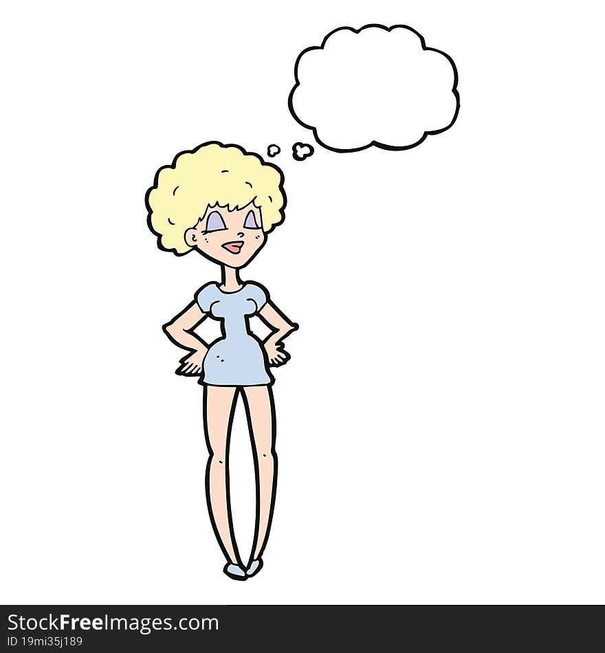 cartoon happy woman with hands on hips with thought bubble