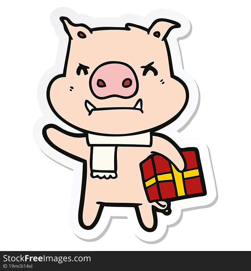 sticker of a angry cartoon pig with christmas gift