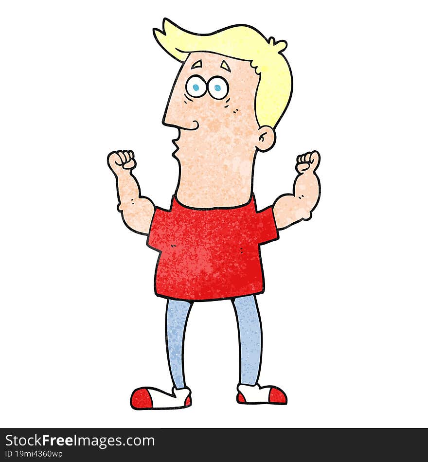 freehand textured cartoon surprised man flexing biceps