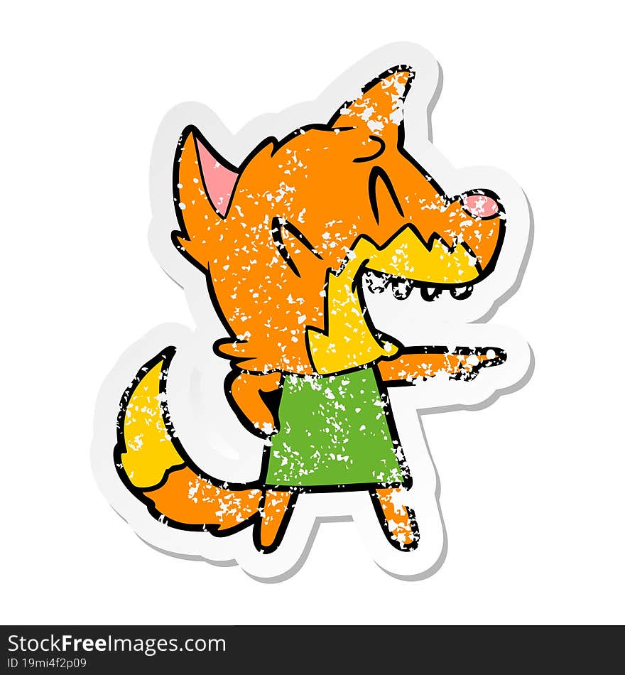 distressed sticker of a laughing fox cartoon