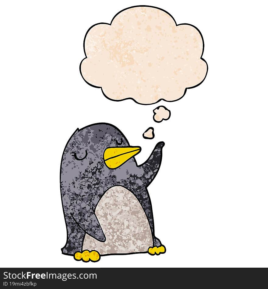 cartoon penguin and thought bubble in grunge texture pattern style