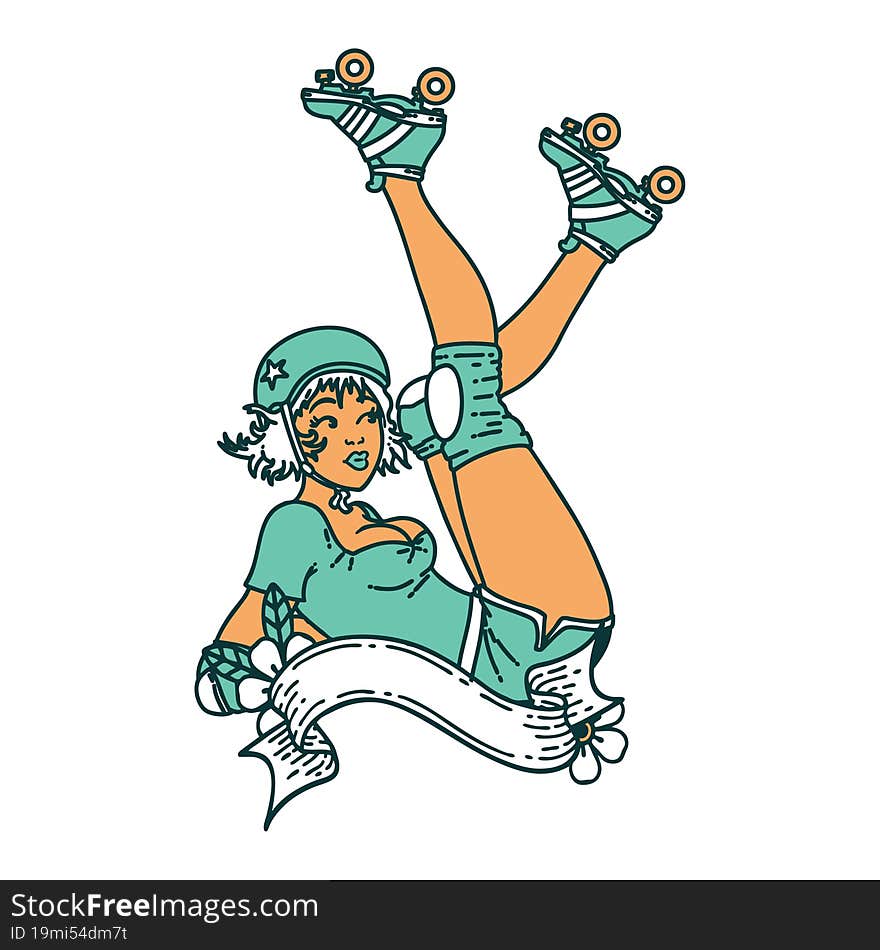 tattoo in traditional style of a pinup roller derby girl with banner. tattoo in traditional style of a pinup roller derby girl with banner