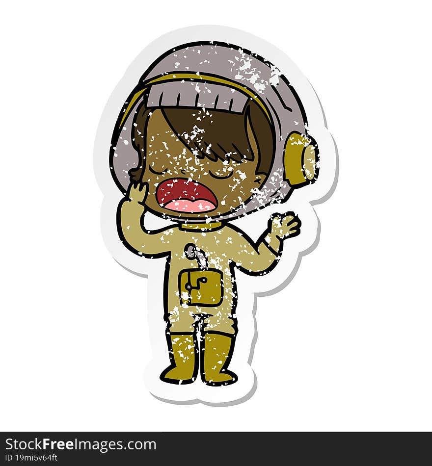 Distressed Sticker Of A Cartoon Astronaut Girl Yawning