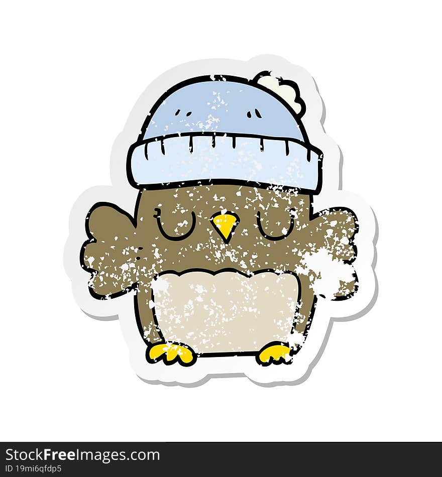 Distressed Sticker Of A Cute Cartoon Owl In Hat