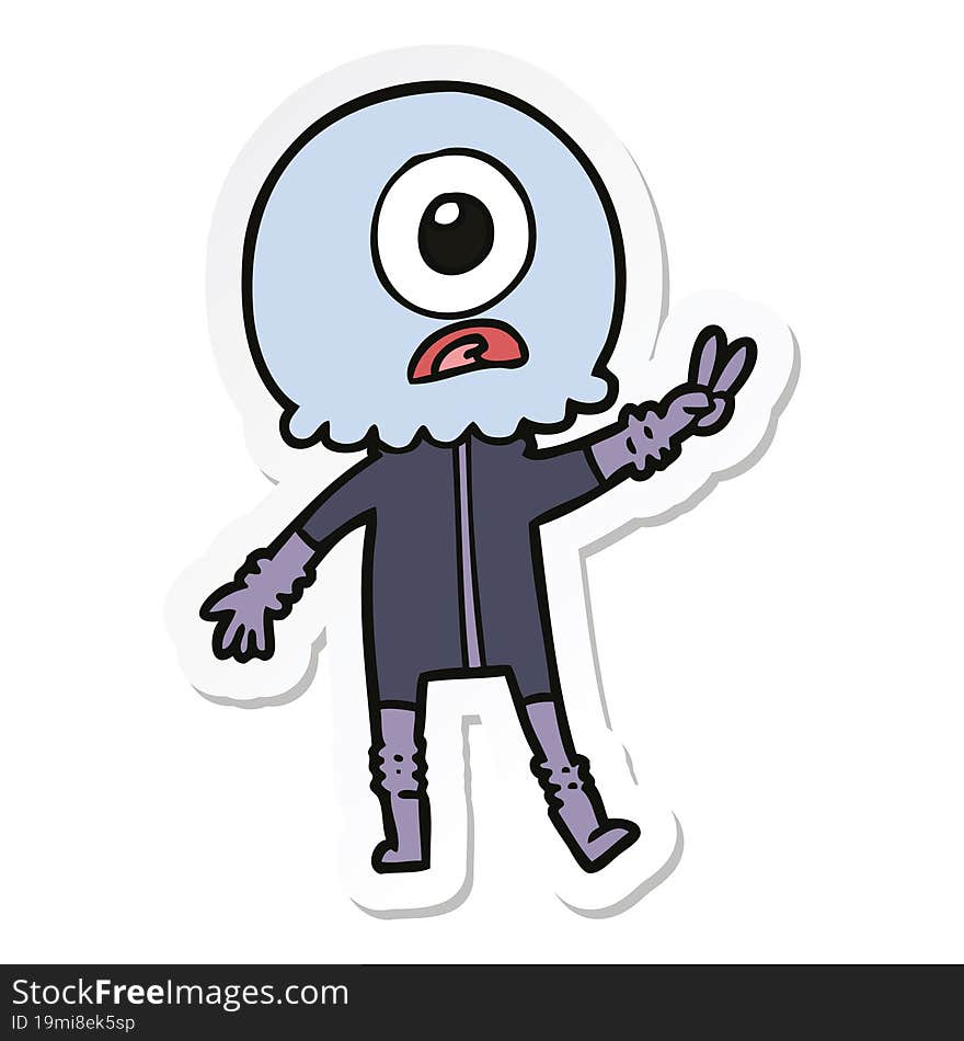 sticker of a cartoon cyclops alien spaceman giving peace sign