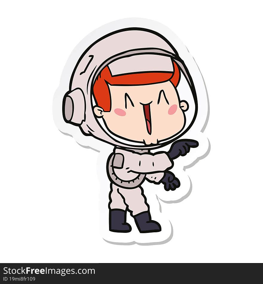 sticker of a happy cartoon astronaut pointing