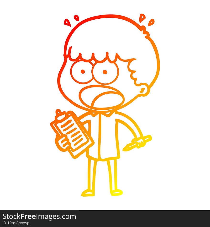 Warm Gradient Line Drawing Cartoon Shocked Man With Clipboard And Pen