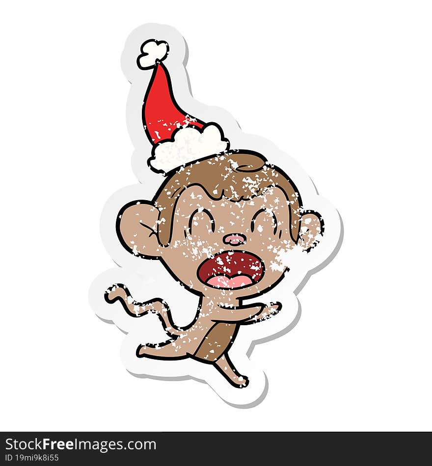 shouting distressed sticker cartoon of a monkey wearing santa hat