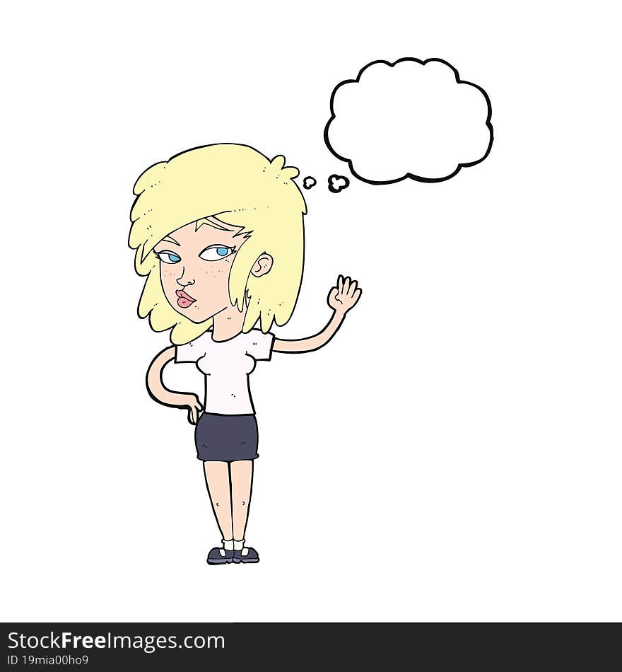 cartoon pretty woman waving with thought bubble