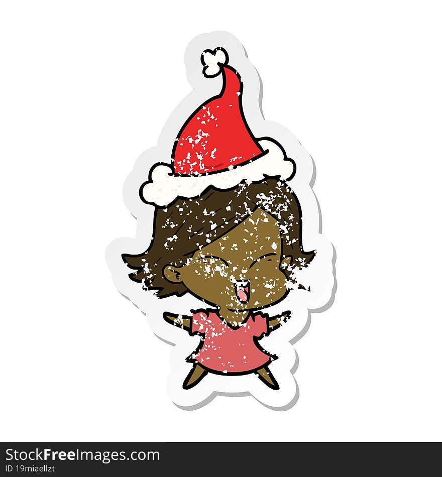 happy distressed sticker cartoon of a girl wearing santa hat