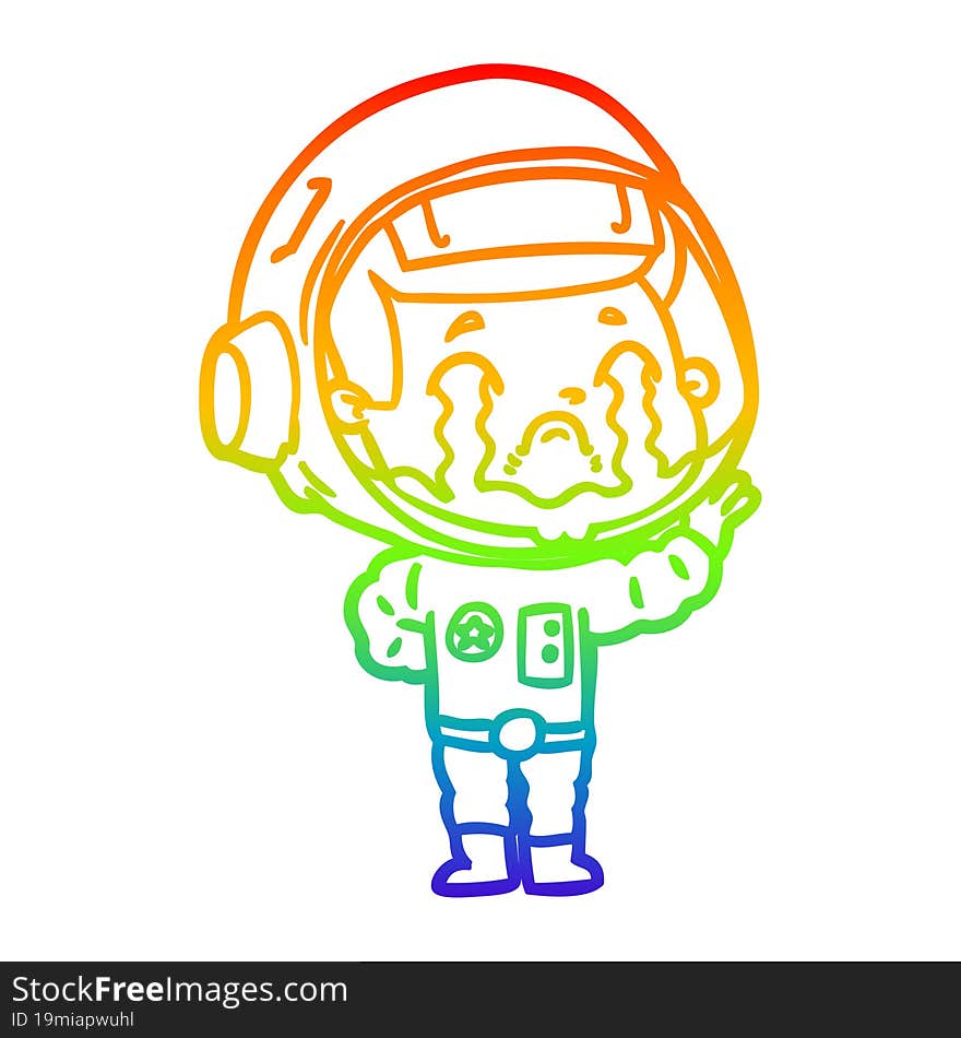 rainbow gradient line drawing of a cartoon crying astronaut