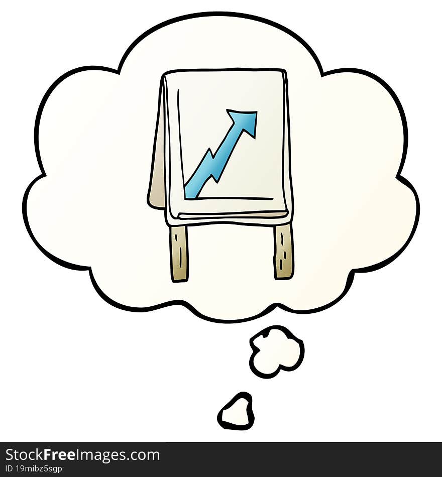 cartoon business chart with arrow with thought bubble in smooth gradient style