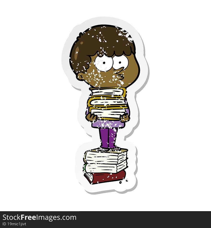 distressed sticker of a cartoon curious boy with lots of books