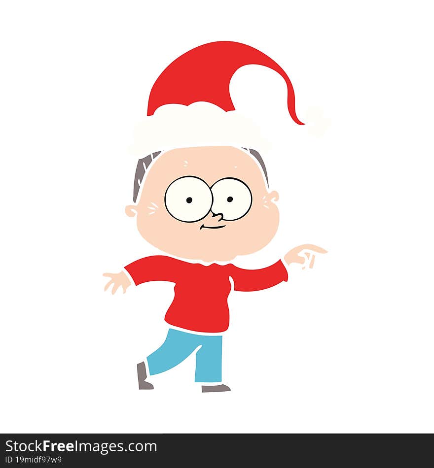 flat color illustration of a happy old woman wearing santa hat