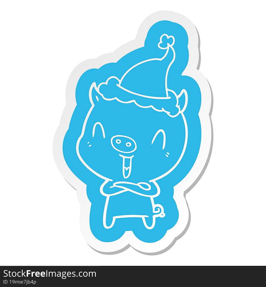 happy cartoon  sticker of a pig wearing santa hat