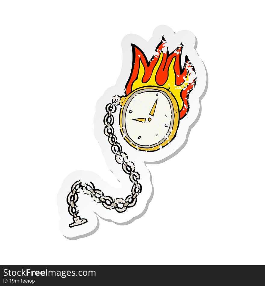 Retro Distressed Sticker Of A Cartoon Flaming Watch