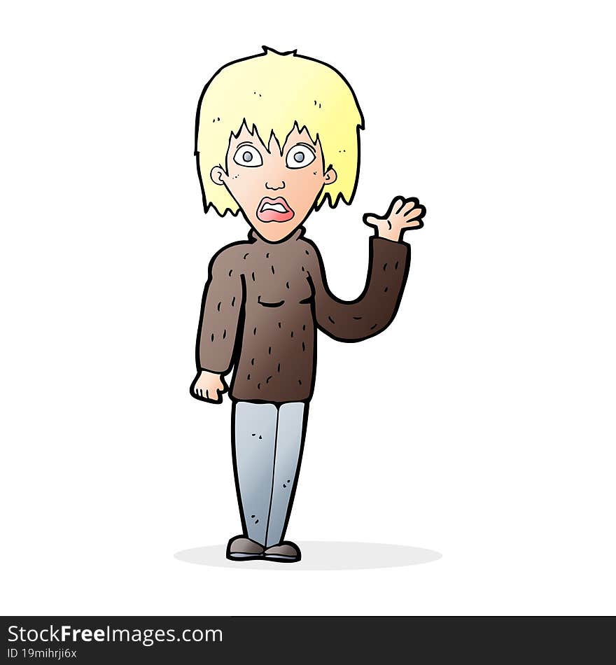 cartoon shocked woman waving hand