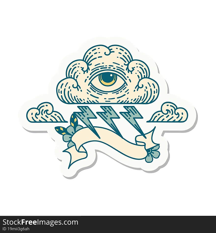 tattoo sticker with banner of an all seeing eye cloud