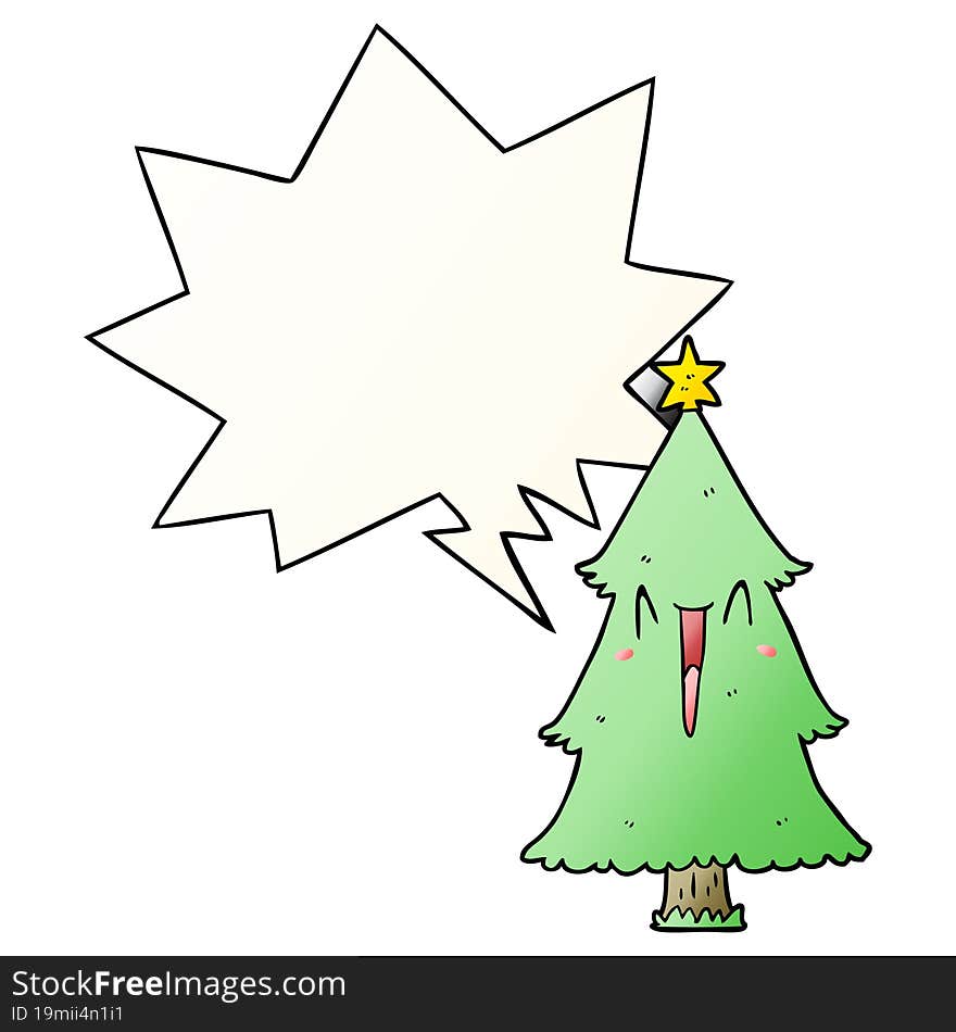 cartoon christmas tree and speech bubble in smooth gradient style