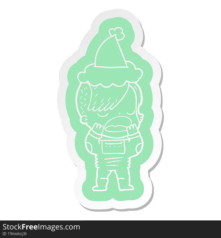 Cartoon  Sticker Of A Cool Hipster Girl In Space Suit Wearing Santa Hat