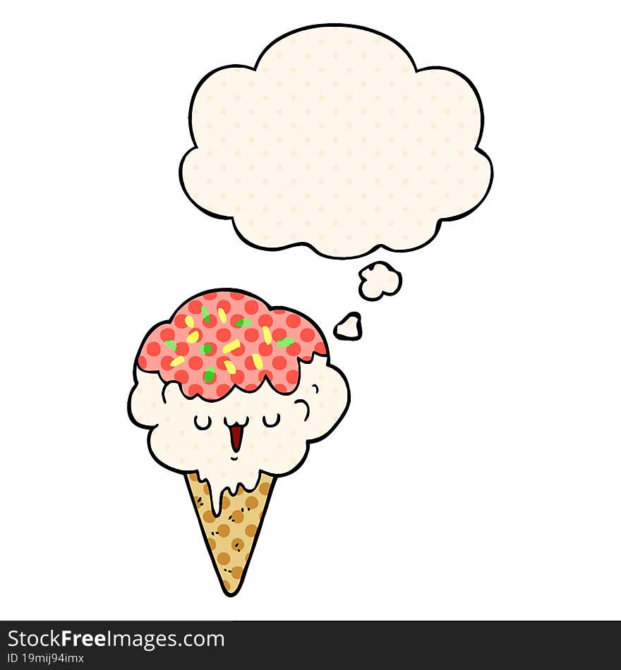 Cartoon Ice Cream And Thought Bubble In Comic Book Style