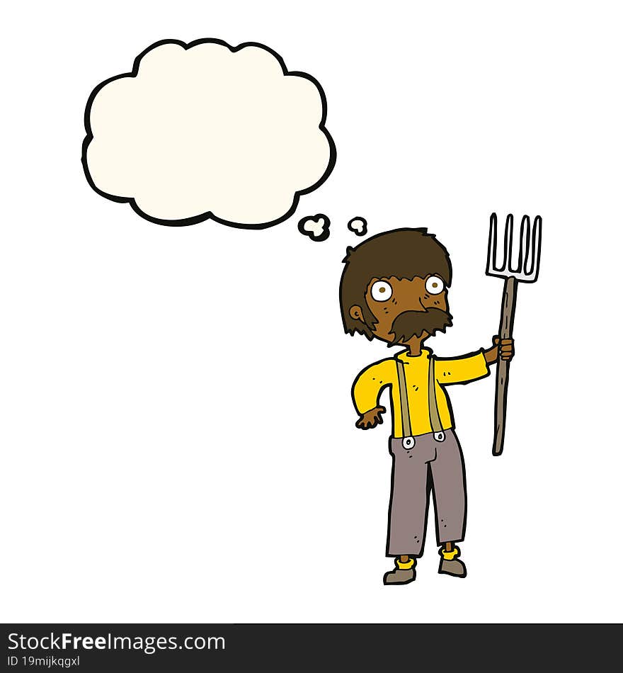 cartoon farmer with pitchfork with thought bubble