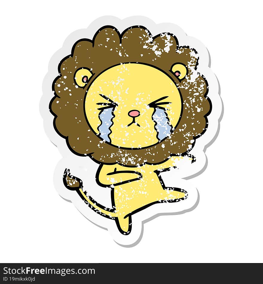 distressed sticker of a cartoon crying lion