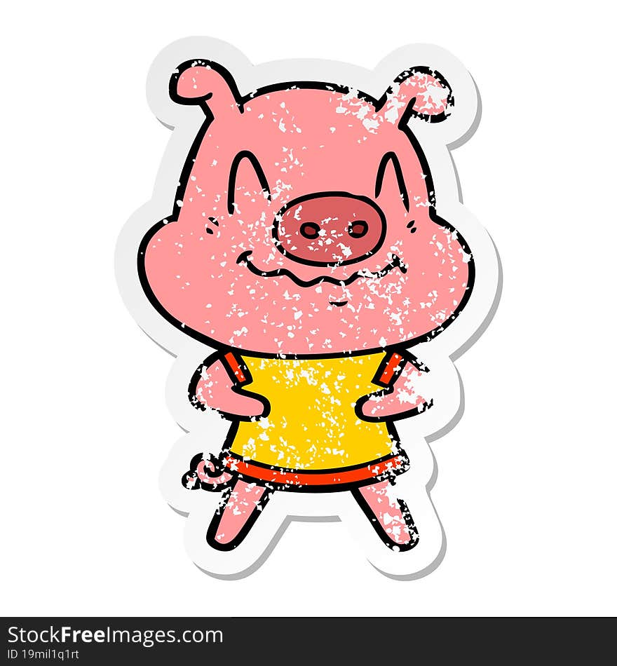 distressed sticker of a nervous cartoon pig