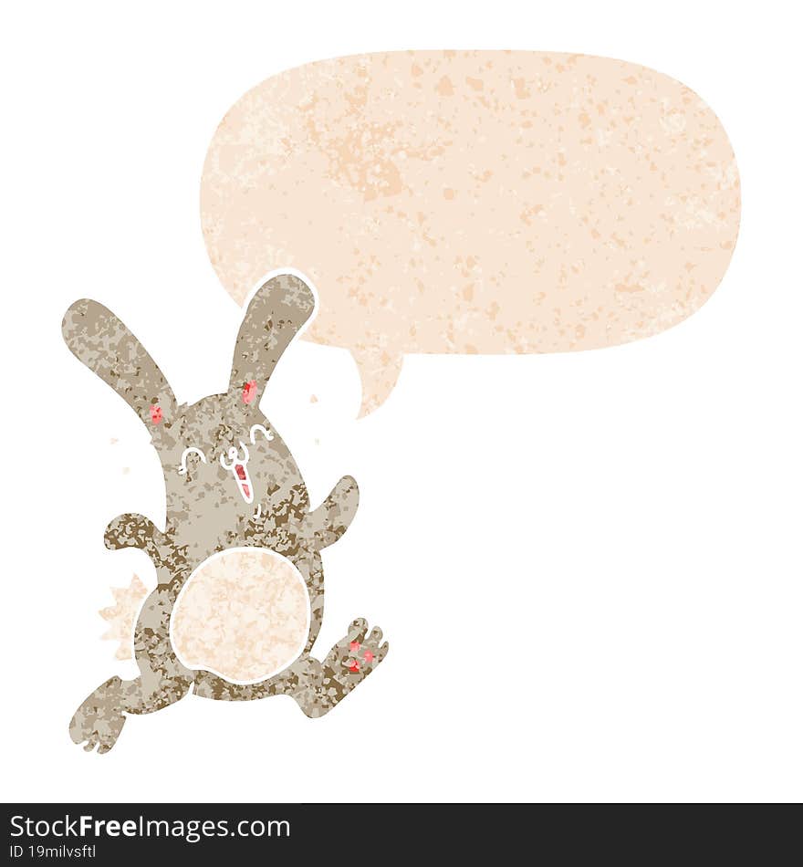 cartoon rabbit with speech bubble in grunge distressed retro textured style. cartoon rabbit with speech bubble in grunge distressed retro textured style