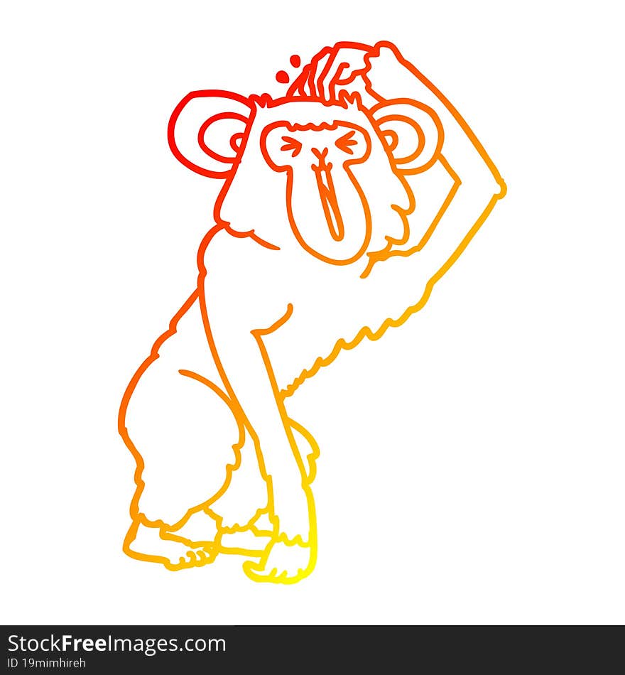 warm gradient line drawing cartoon chimp scratching head