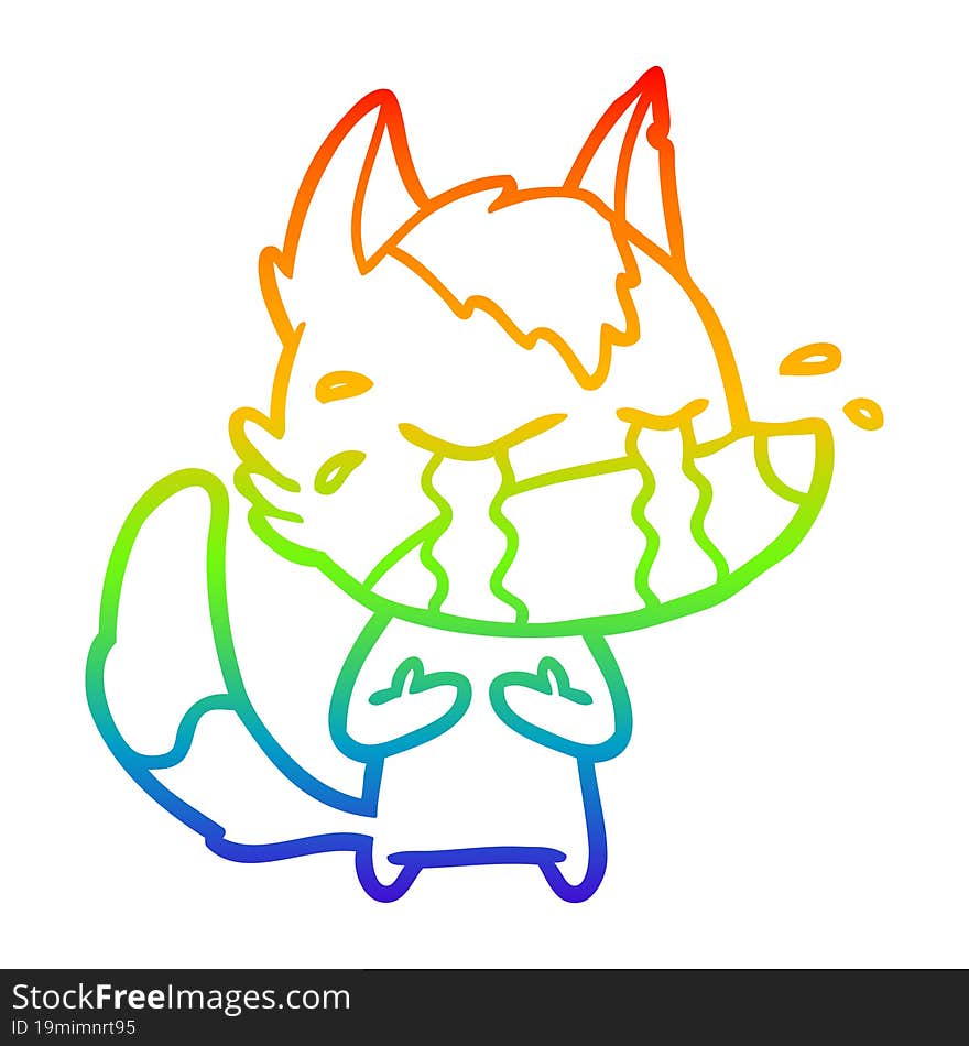 rainbow gradient line drawing of a cartoon crying wolf