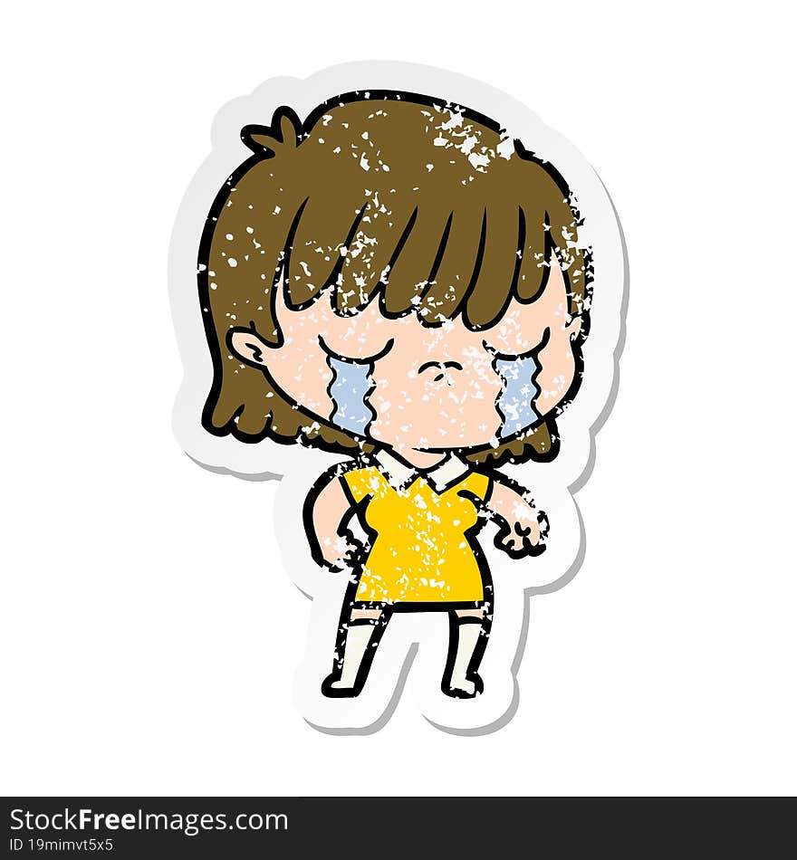 distressed sticker of a cartoon woman crying