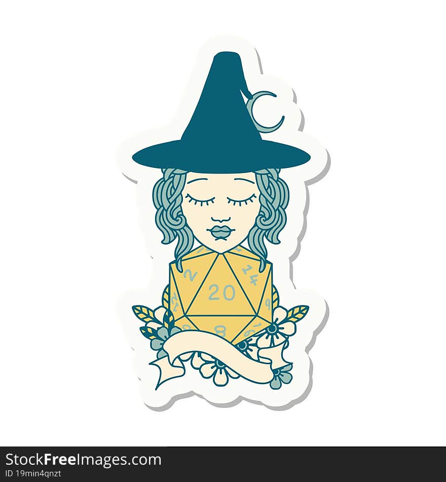 sticker of a human mage with natural twenty dice roll. sticker of a human mage with natural twenty dice roll