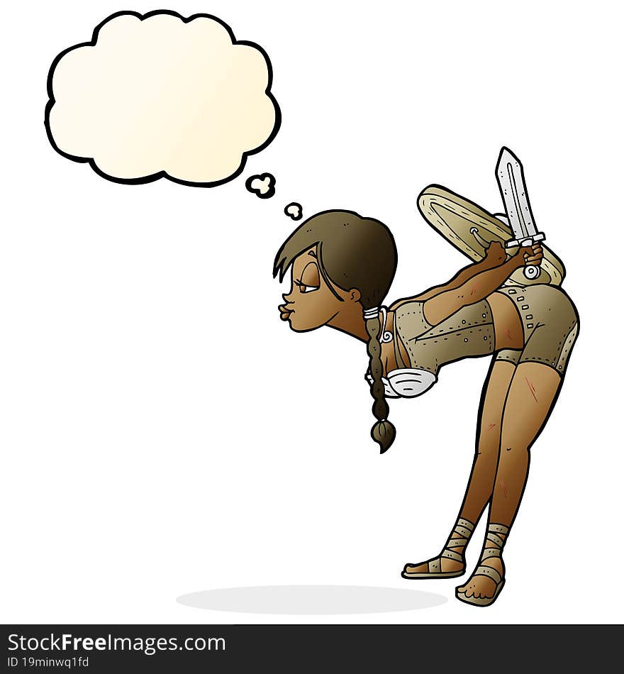 cartoon viking girl bowing with thought bubble