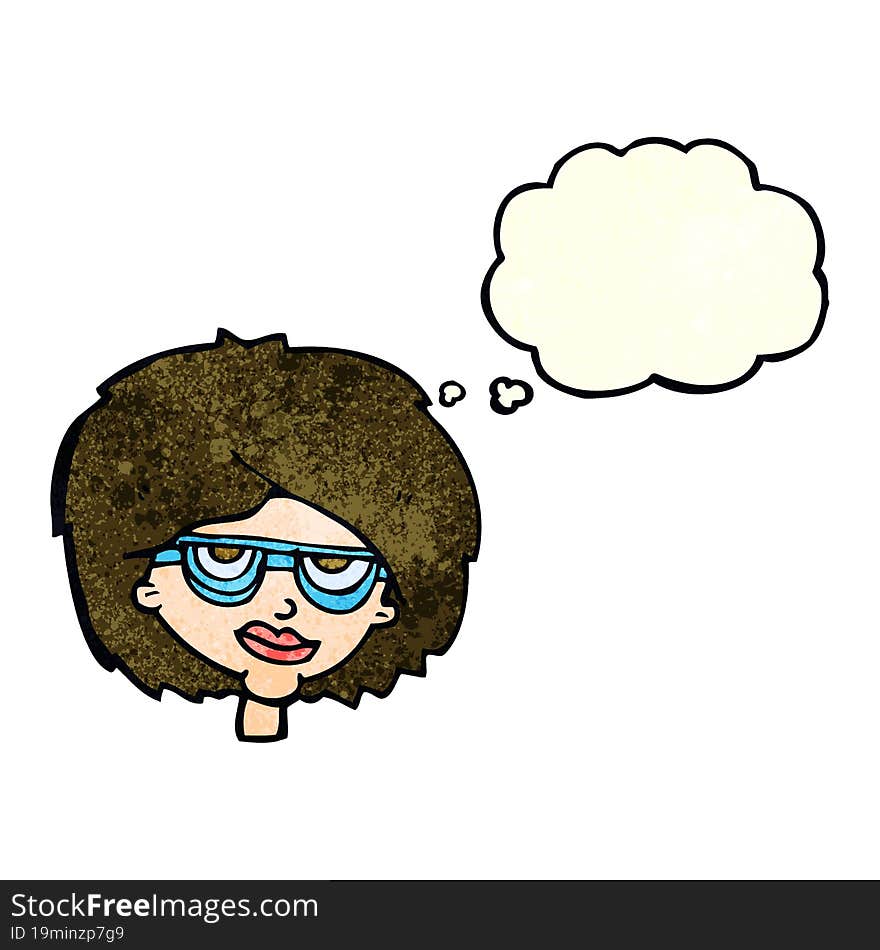 cartoon woman wearing spectacles with thought bubble