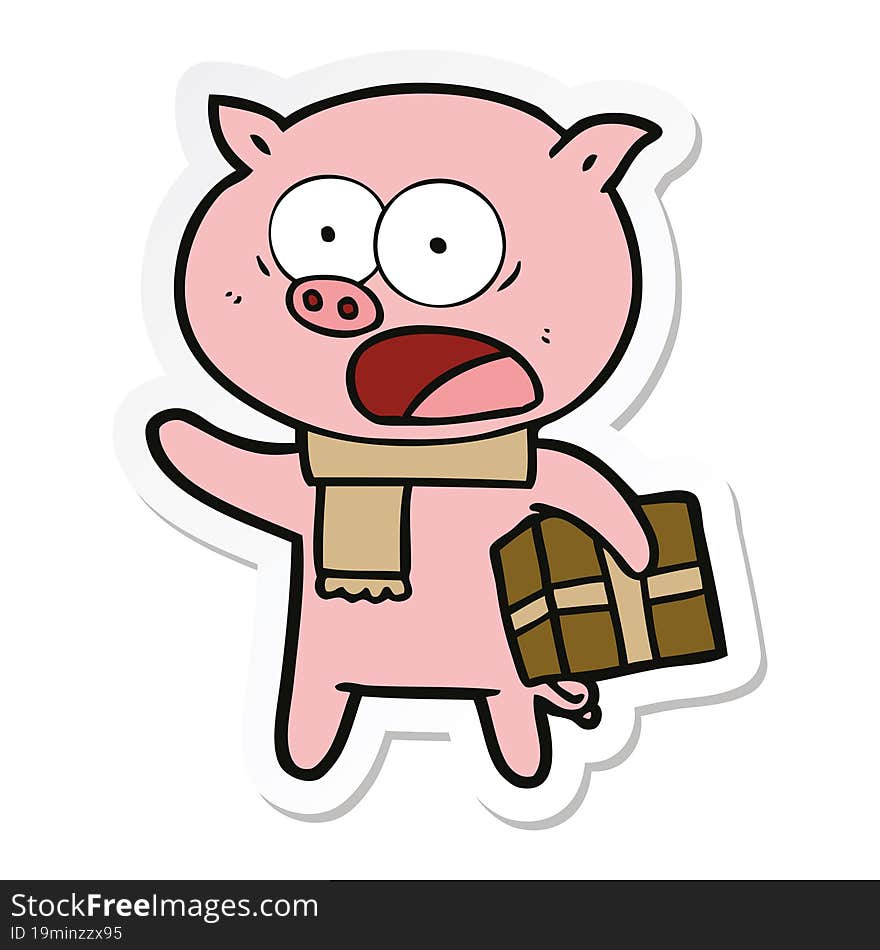 sticker of a cartoon pig with christmas present