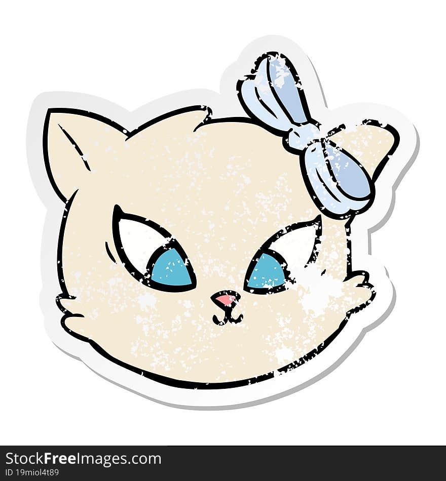 distressed sticker of a cute cartoon cat with bow