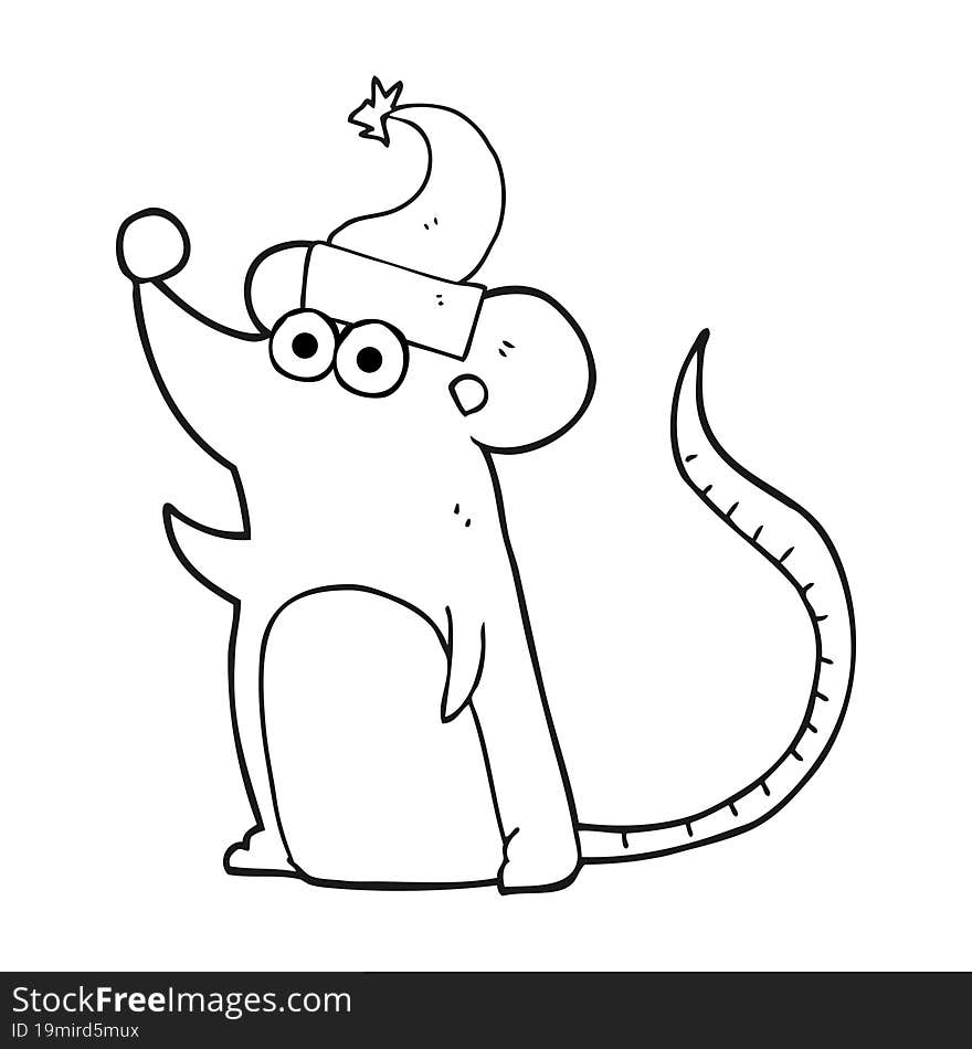 Black And White Cartoon Mouse In Christmas Hat