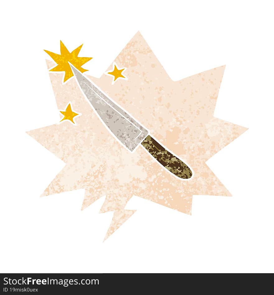 cartoon sharp kitchen knife and speech bubble in retro textured style