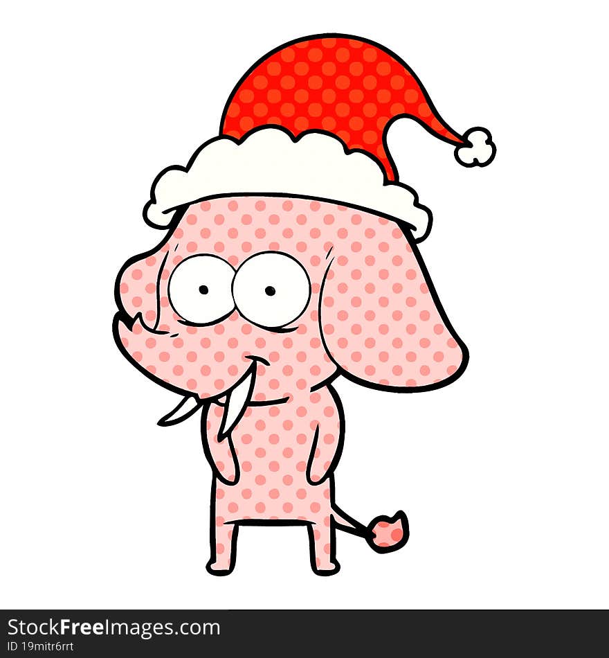 happy comic book style illustration of a elephant wearing santa hat