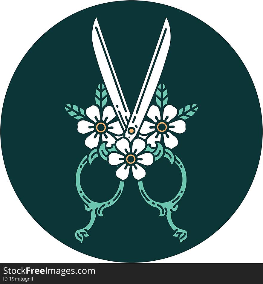 tattoo style icon of a barber scissors and flowers